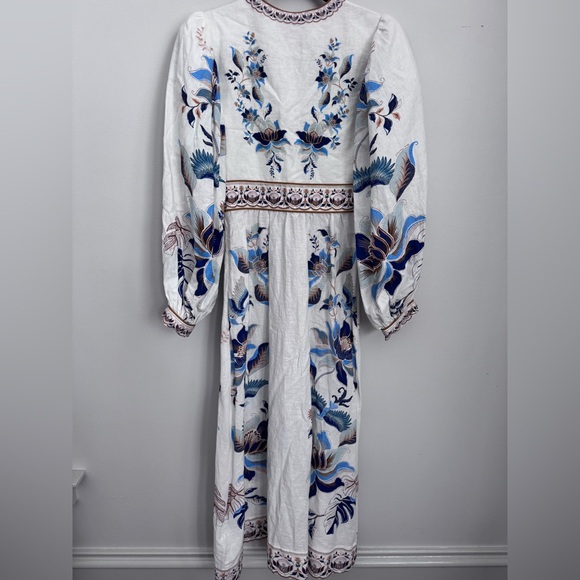Farm Rio Mystic Blue Lotus Placed Print Long Sleeve Linen Blend Maxi Dress - Picture 12 of 16
